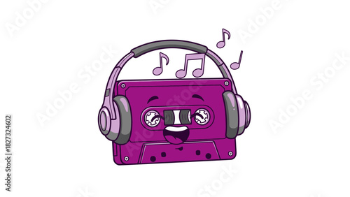 Retro purple cassette tape character listening to upbeat music