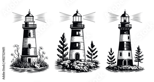 Collection of three vintage style lighthouses with beaming lights and coastal flora, perfect for nautical themes and maritime projects.