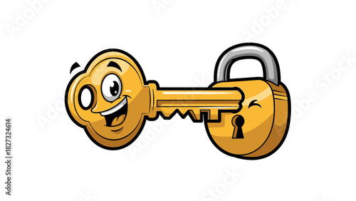 Smiling golden key unlocks padlock, showing solution and access