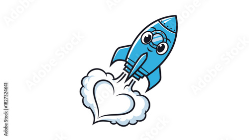 Blue cartoon rocket taking off with heart-shaped exhaust smoke