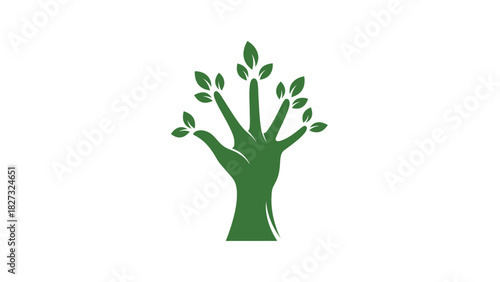Green hand growing leaves, forming a tree shape, nature icon design.