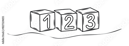 Hand drawn blocks with numbers one two and three lined up on a wavy surface representing learning and early education concepts for children.
