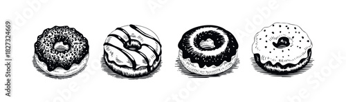 Four handdrawn sketch style donuts with different toppings and sprinkles, perfect for food blogs, bakery menus, and sweet treat promotions.
