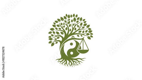Green tree with yin yang, justice scales symbolizing balance
