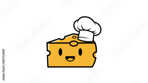 Smiling cartoon cheese slice character wearing a chef hat cooking