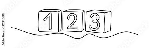 Simple black line outline drawing of wooden blocks with numbers one two and three standing on a wavy line representing a surface perfect for educational concepts and early learning