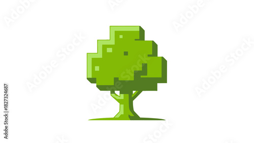 Digital pixel art tree icon on white. retro game style element.
