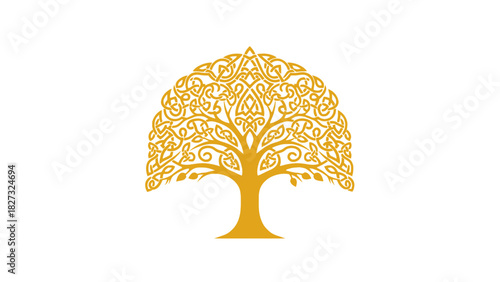 Golden celtic tree of life with intricate knotwork pattern design