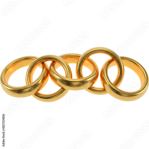 Chain of Five Interlocked Golden Rings Isolated on White