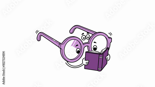 Purple cartoon glasses reading a book, learning and knowledge.