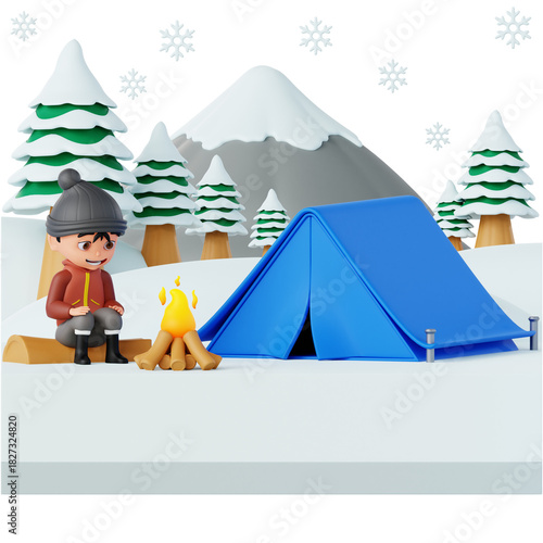 Professionally rendered 3D icon of winter camping in a snowy outdoor scene. Ideal for e-commerce, apps, and digital products needing clean, high-quality seasonal illustrations.