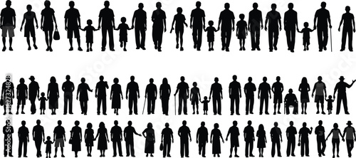 Silhouette family groups and diverse people collection walking standing together, community generations concept, crowd figures isolated on white background illustration