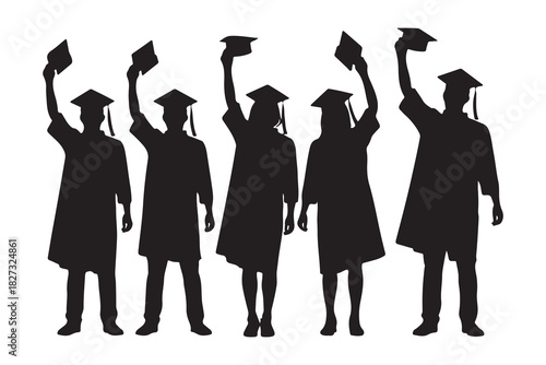  Diverse group of graduates in academic gowns and caps celebrating their achievement silhouette