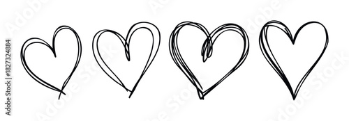 Four hand drawn heart shapes in a row, perfect for expressing love and affection in Valentines Day or wedding related projects and romantic graphic elements.