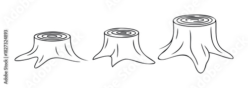 Black and white line drawings of three tree stumps of varying sizes and shapes, perfect for representing growth, nature, or deforestation themes in graphic projects