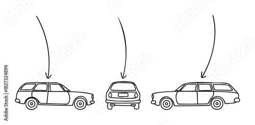 Hand drawn wagon car in three different views, side front and side, useful for automotive industry concept and graphic projects