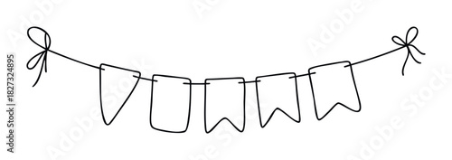 Hand drawn string of festive pennant flags with bows on ends for celebration decoration and party atmosphere, perfect for creating joyful event visuals.