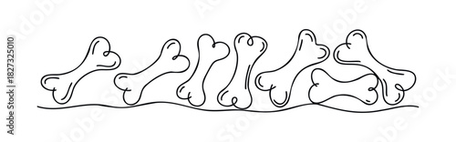 Playful abstract line art of dog bones arranged in a row over a wavy ground, perfect for petthemed concepts or whimsical graphics.