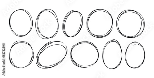 Collection of handdrawn circular shapes and frames with a rough, sketchlike quality, perfect for highlighting text or marking areas in a presentation or document.