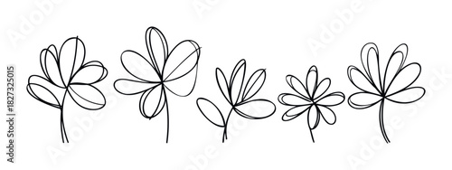 Hand drawn floral outline motifs in varying sizes and styles for decorative accents and graphic usage, perfect for invitations and stationery applications.