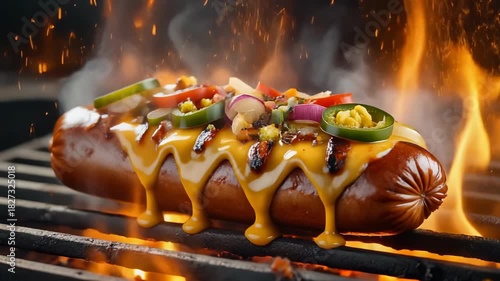 close-up of a spicy Bratwurst with thick melted cheese dripping slowly, full of toppings, 4K