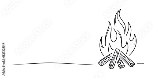 Simple black and white sketch of a campfire with logs and flames, perfect for outdoor themes, camping graphics, or warm celebration visuals.