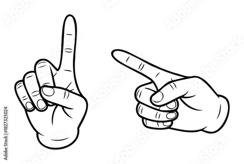 Line drawings of hands pointing with index fingers, ideal for representing direction, choice, or numbers in graphic projects.