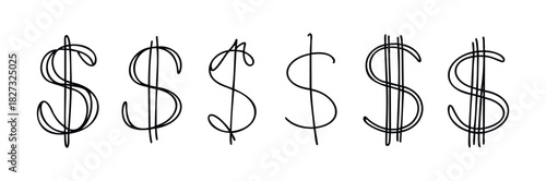 Collection of six stylized hand drawn dollar signs in a row, perfect for financial concepts, business, and economic themes representing wealth and currency.
