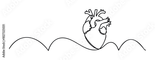 One line drawing of a human heart with a wavy line representing life flow or emotion, ideal for health and medical related projects.