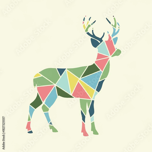 A colorful geometric deer illustration standing against a cream-colored background, showcasing its form.