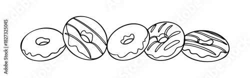 Row of five frosted donuts with various drizzles and stripes, perfect for sweet treat promotions and bakery advertising visuals.