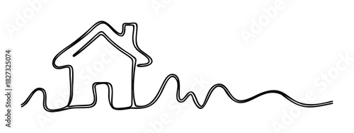 Minimalist single line drawing of a house with a wavy landscape suggesting homeownership and property development for real estate and architectural concepts