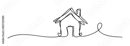 Simple continuous line drawing of a cozy house with a chimney, representing home, shelter, and real estate, perfect for construction or property related themes.