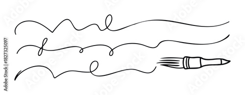Black ink brush strokes with a paintbrush drawing abstract lines and curves, perfect for creative projects and graphic elements.