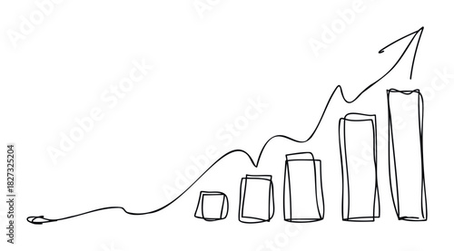 Simple hand drawn chart with increasing bars and an upward trending arrow indicating growth and progress in business or finance, perfect for presentations and reports.