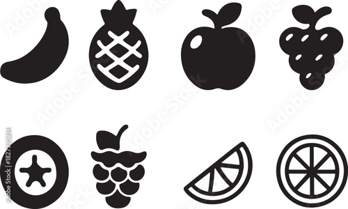 Cute rounded silhouette fruit icon set with cartoon banana pineapple apple and grapes for playful vector packs.