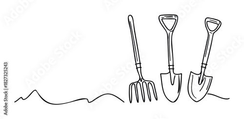 Gardening tools including a spade, shovel, and fork are depicted with a rough ground line for agricultural or outdoor work themes.