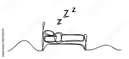 Simple black line drawing of a person sleeping in bed with Zzz symbols indicating sleep, perfect for concepts of rest, relaxation, and sleep, usable in medical or wellness contexts.