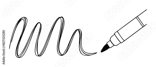 Hand drawn black marker stroke creating abstract wavy lines and abstract swirl on white background for graphic projects and creative expressions