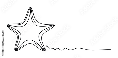 Single continuous line drawing of a starfish with a wavy tail, evoking ocean life and marine themes for graphic design and decoration projects.