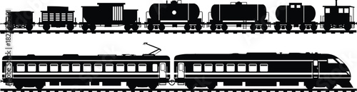 Train silhouettes including cargo wagons and modern passenger trains, railway transportation set with freight cars, tankers, and electric locomotive designs