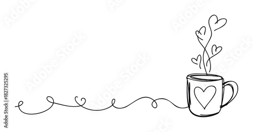Whimsical hand drawn coffee mug with heart steam and curly line symbolizing love and warmth, perfect for valentines day or cozy moments.