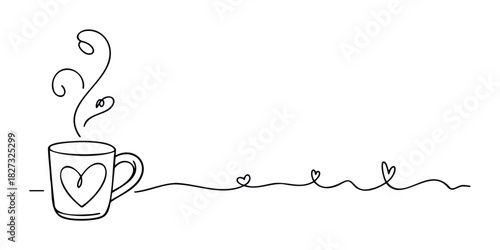 Single continuous line drawing of a coffee cup with a heart and steaming love hearts extending from it, perfect for cafe promotions and romantic greetings.