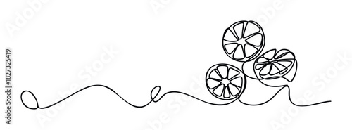 Minimalist single line drawing of citrus slices and wavy line for use in food and beverage marketing.