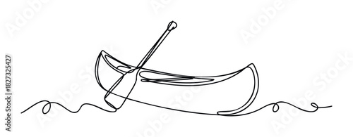 Minimalist black single line drawing of a canoe with paddle floating on wavy water surface, perfect for outdoor adventure and travel concepts.