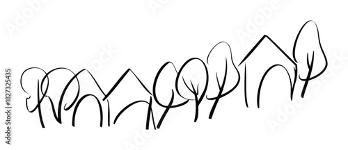 Minimalist outline of houses and trees forming a charming village landscape, perfect for property development branding and neighborhood concepts