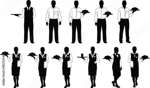 Waitstaff silhouette illustration set, black vector, formal attire, tray service poses, hospitality theme, restaurant staff artwork