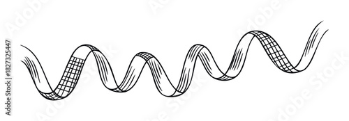 Black and white drawing of a roller coaster track twisting and turning, representing fun and adventure, perfect for amusement park or entertainment themes.