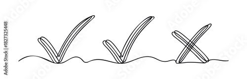 Collection of handdrawn checkmarks and crosses on a wavy line, perfect for representing progress, choices, or status in project management and decisionmaking concepts.