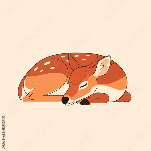 A cartoon fawn resting peacefully on a solid, neutral background.